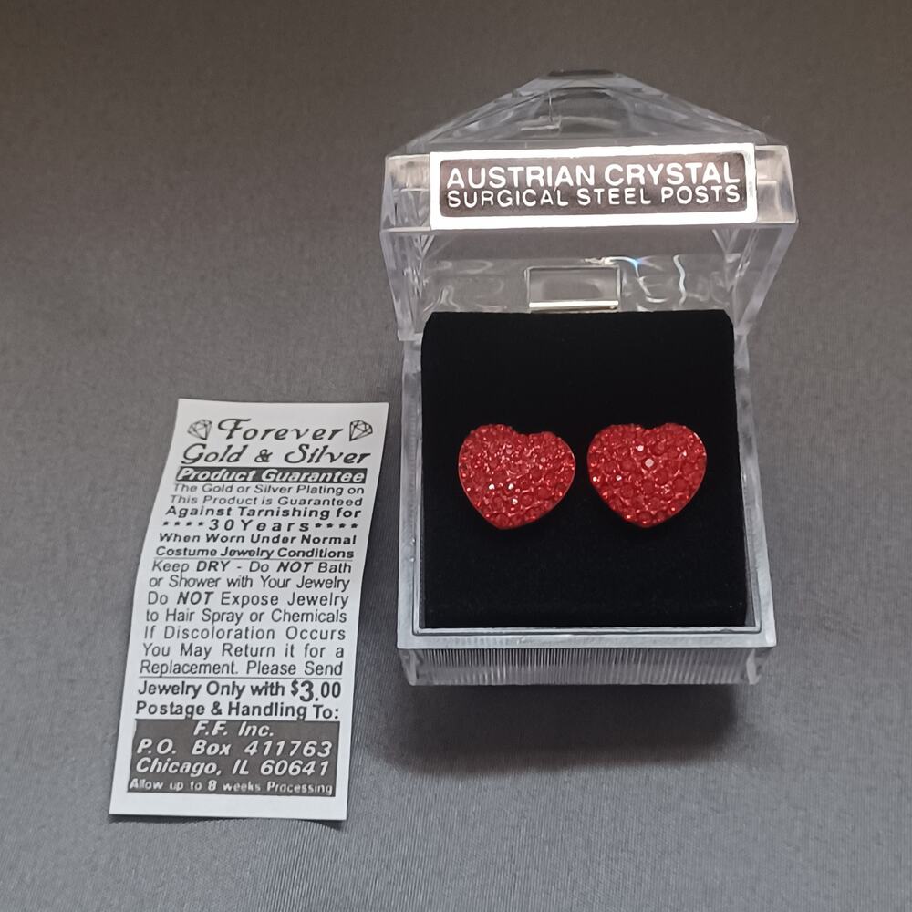 Red Austrian Crystal Heart Stud Earrings New In Box Forever Gold & Silver